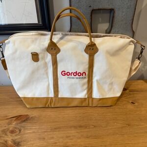 Gordon Food Service Duffel Bag Canvas Pleather Trim Travel‎ Weekender Tan Logo